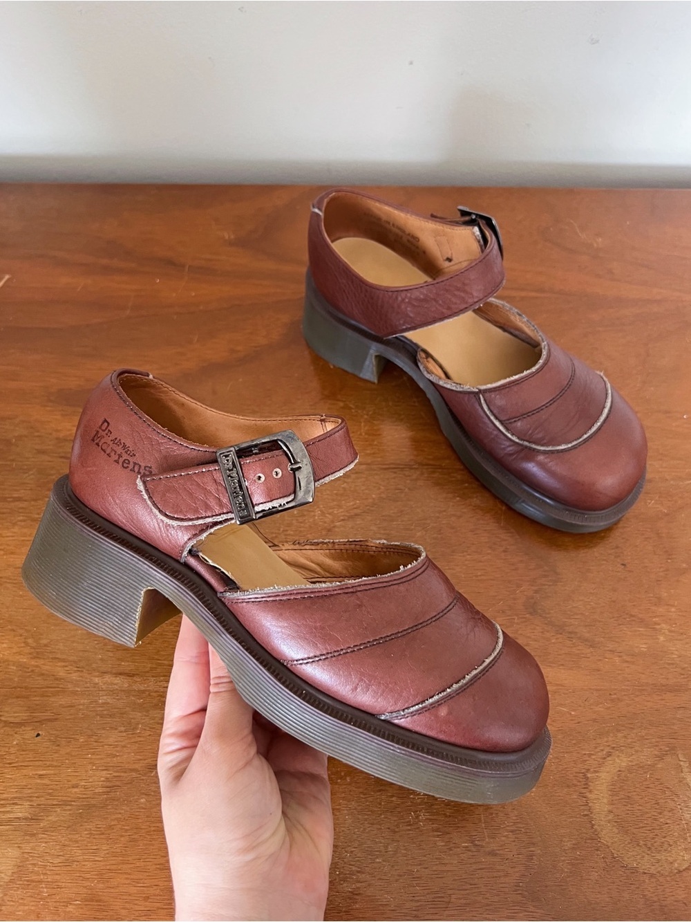 Dr Martens • vintage ankle strap mary janes 8599 brown leather chunky heel MIE